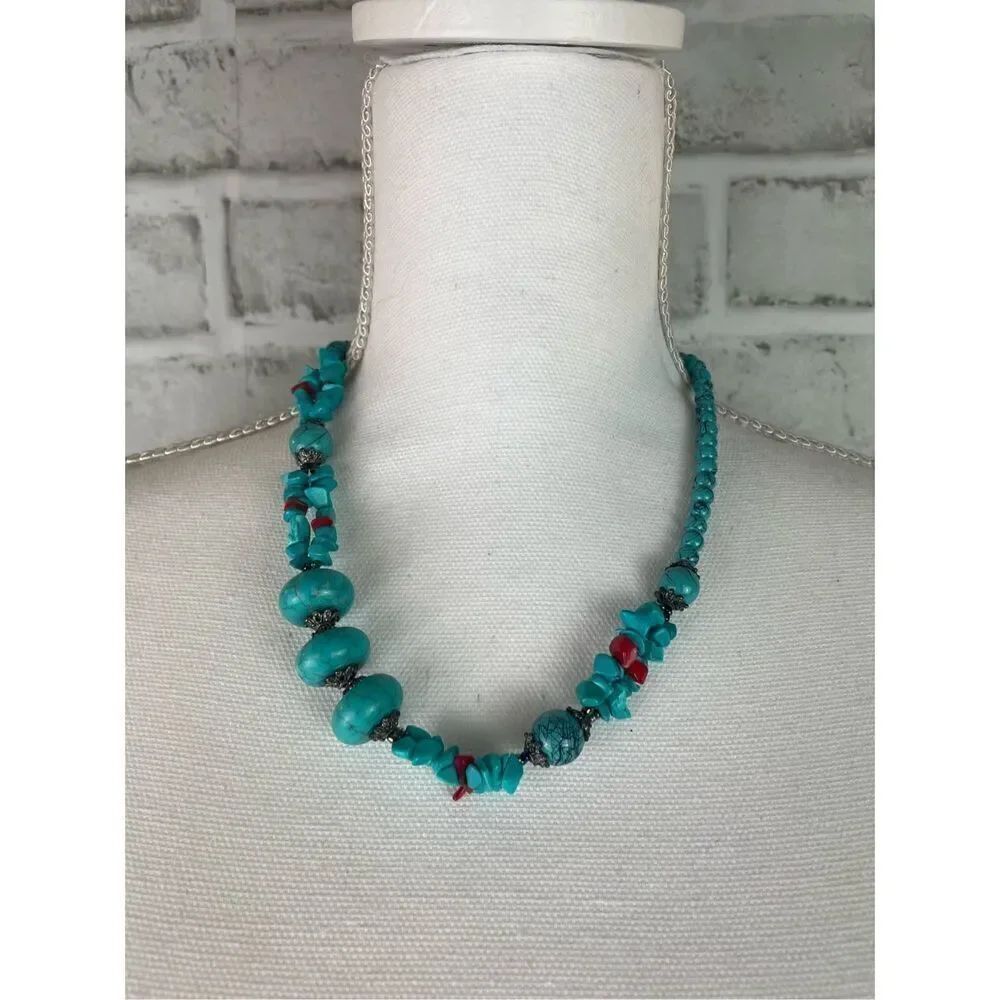 Artisan Chunky Beaded Faux Turquoise Necklace Chunky Handcrafted Modernist